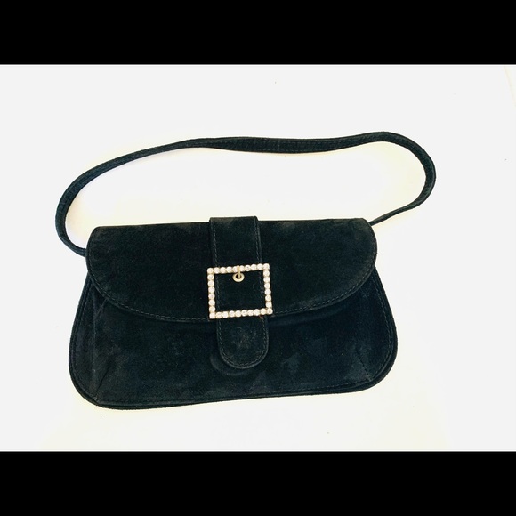 Black real suede leather evening purse clutch square buckle w shiny rhinestones - Picture 7 of 8